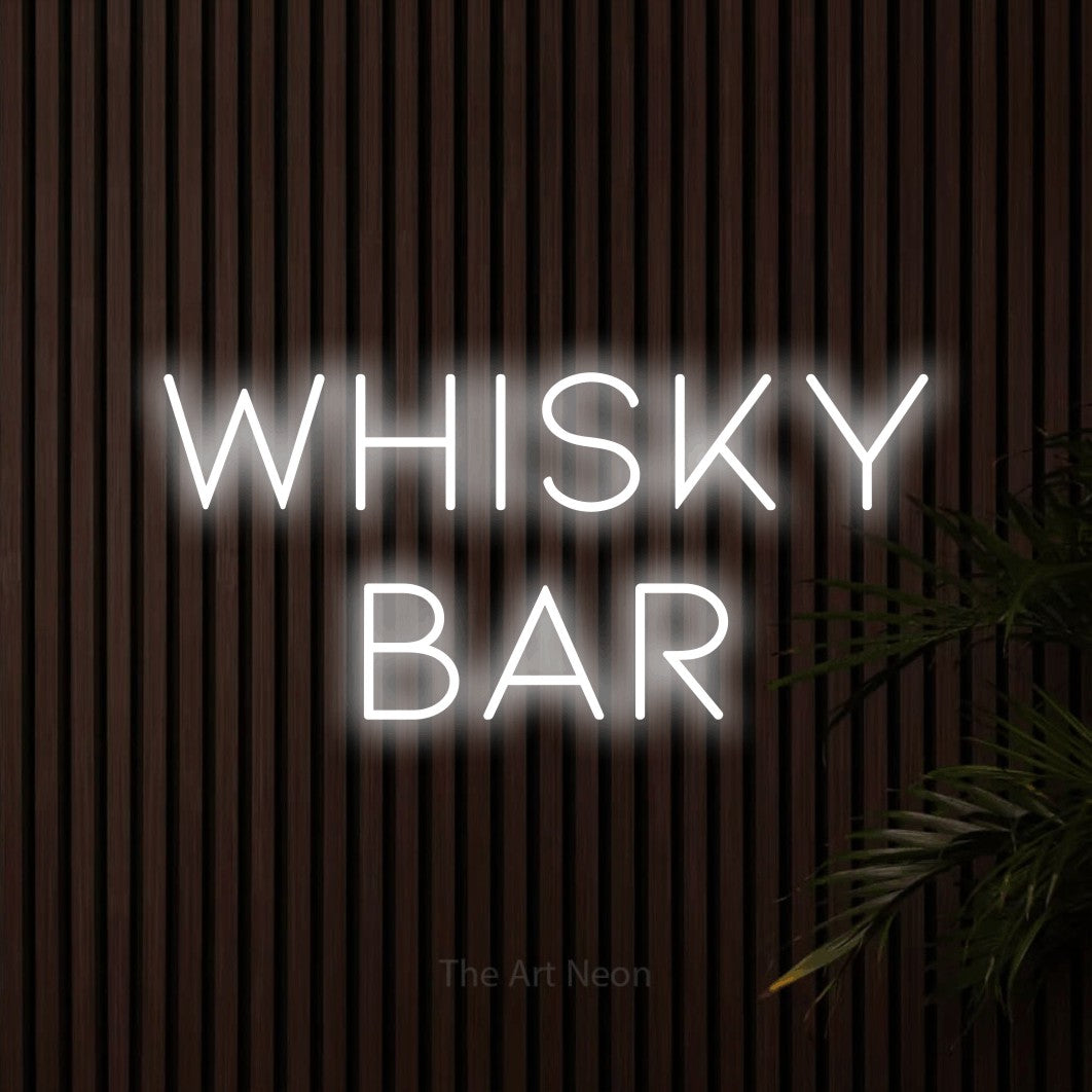 LED neon sign reading “whisky bar”, arranged in 2 lines.