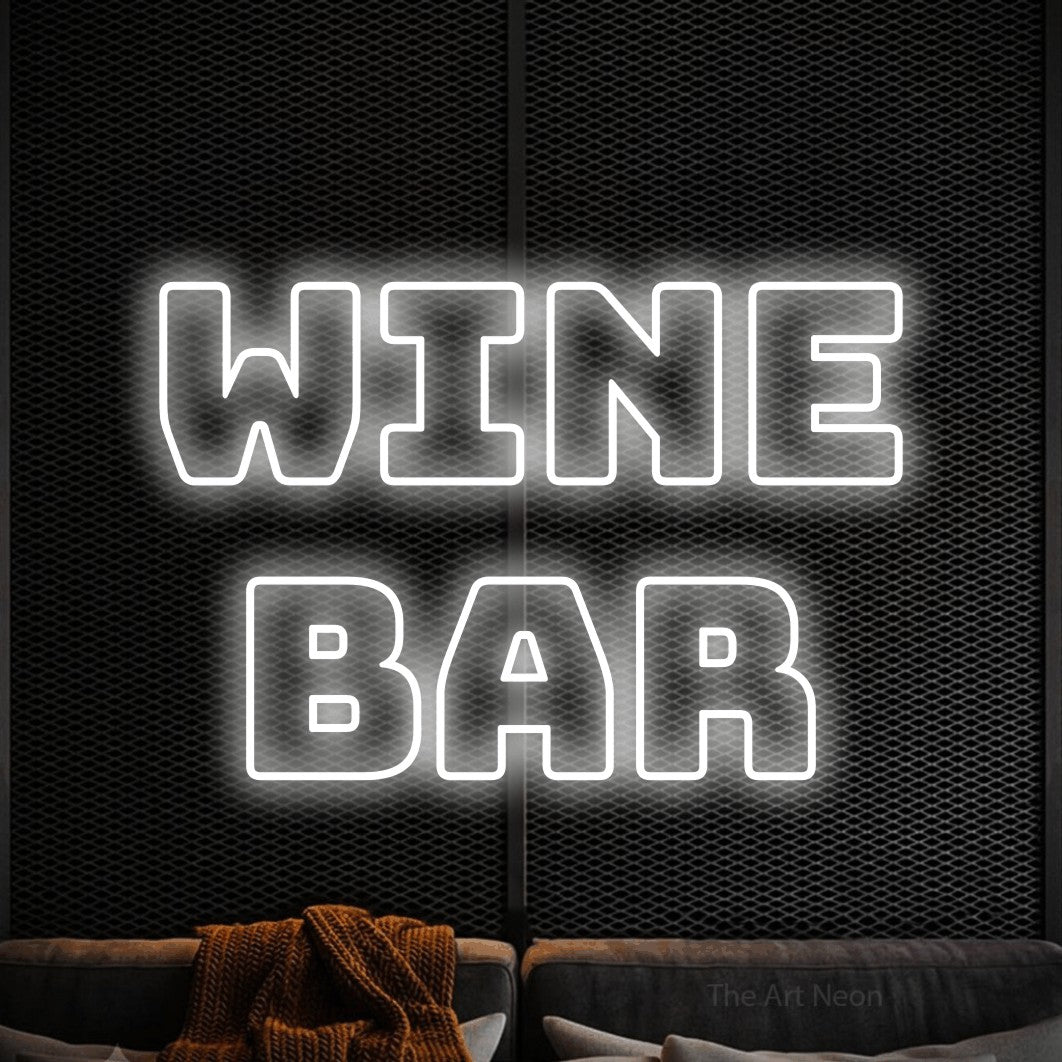 LED neon sign reading “Wine Bar”, arranged in 2 lines.