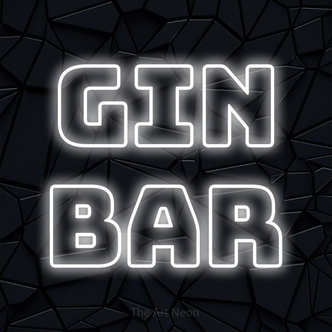 LED neon sign reading “gin bar”, arranged in 2 lines.