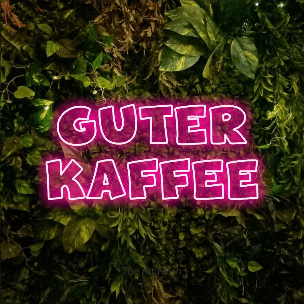 LED neon sign reading “guter kaffee”, arranged in 2 lines.