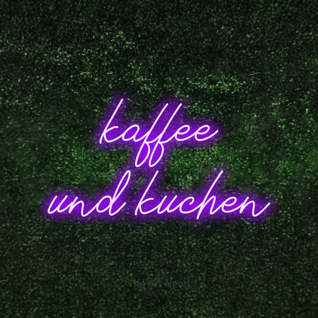 LED neon sign reading “kaffee und kuchen”, arranged in 2 lines.