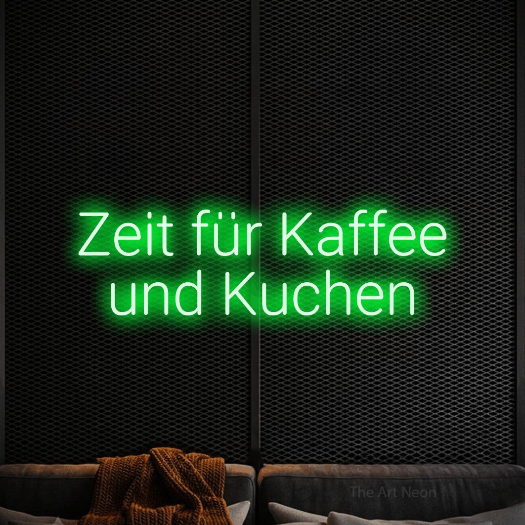 LED neon sign reading “Zeit für Kaffee und Kuchen”, arranged in 2 lines.