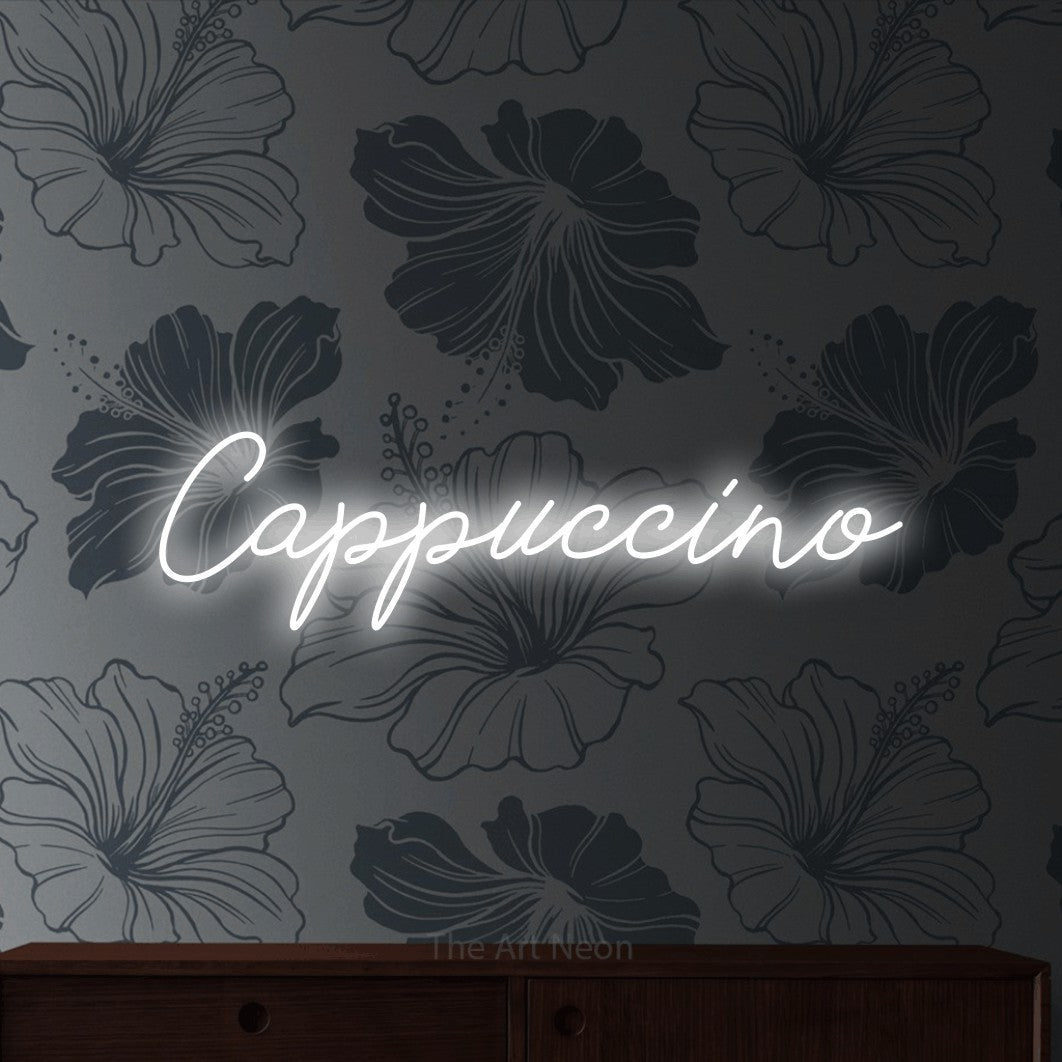 LED neon sign reading “Cappuccino”, arranged in a single line.