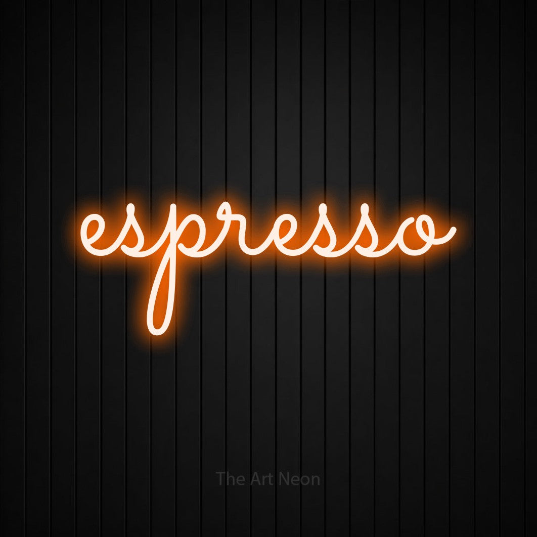 LED neon sign reading “espresso”, arranged in a single line.