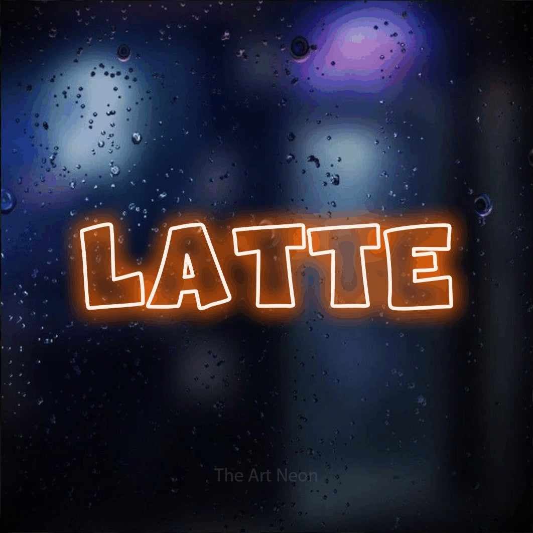 LED neon sign reading “LATTE”, arranged in a single line.