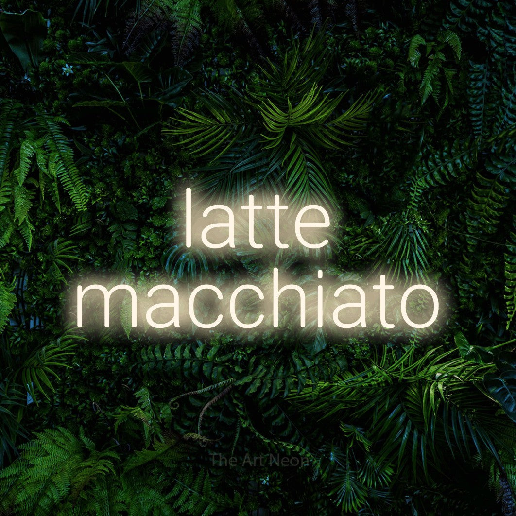 LED neon sign reading “latte macchiato”, arranged in 2 lines.