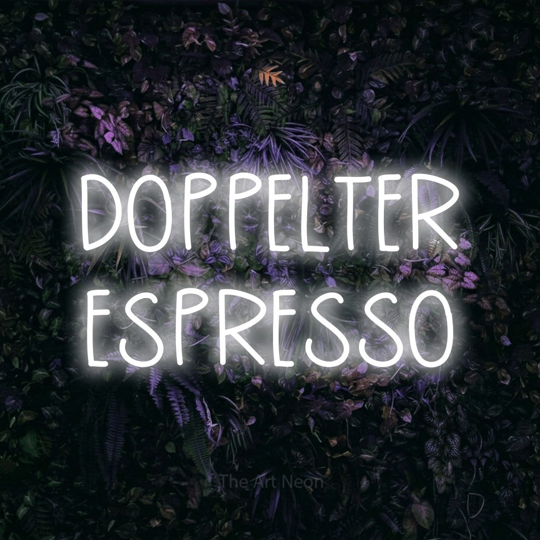 LED neon sign reading “DOPPELTER ESPRESSO”, arranged in 2 lines.