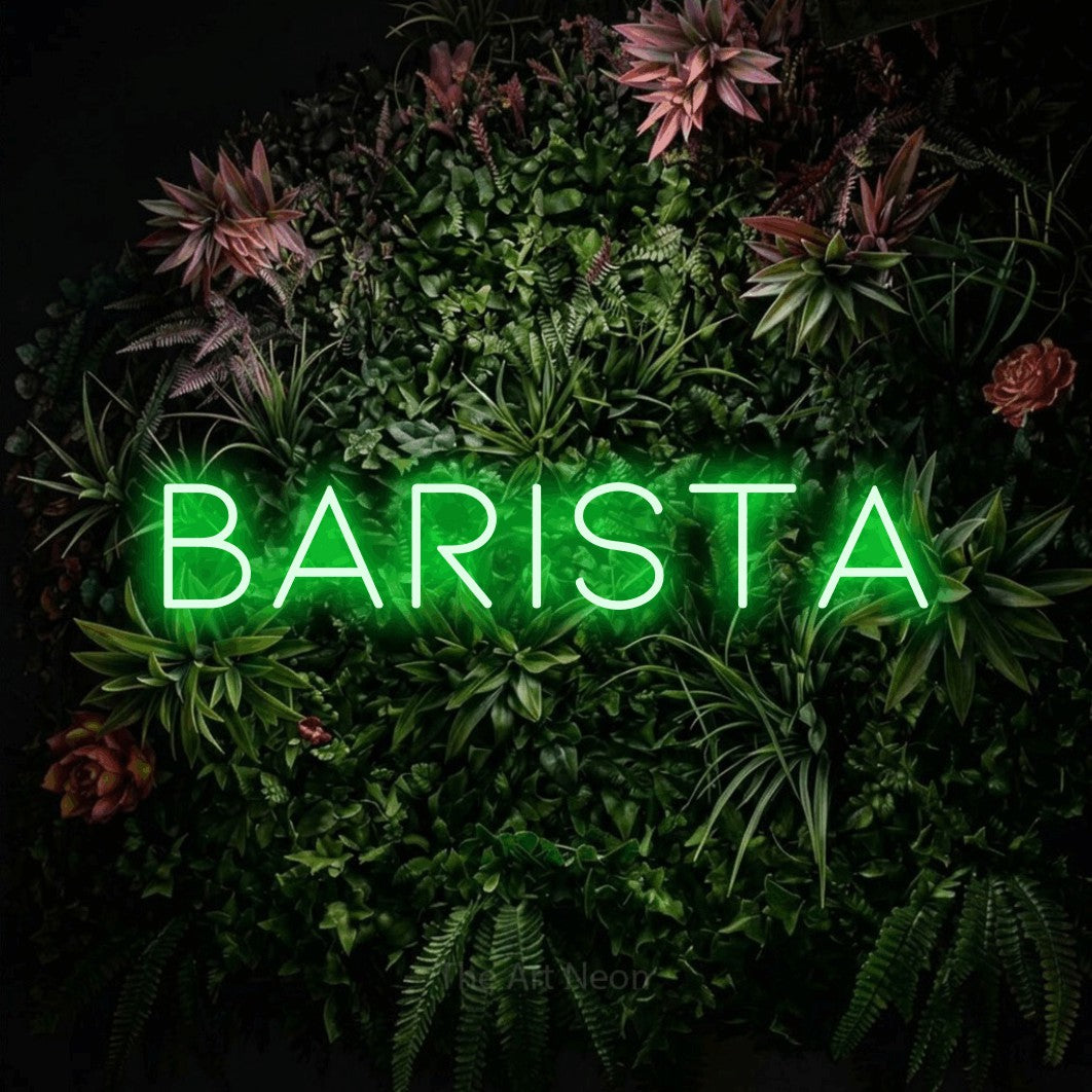 LED neon sign reading “barista”, arranged in a single line.
