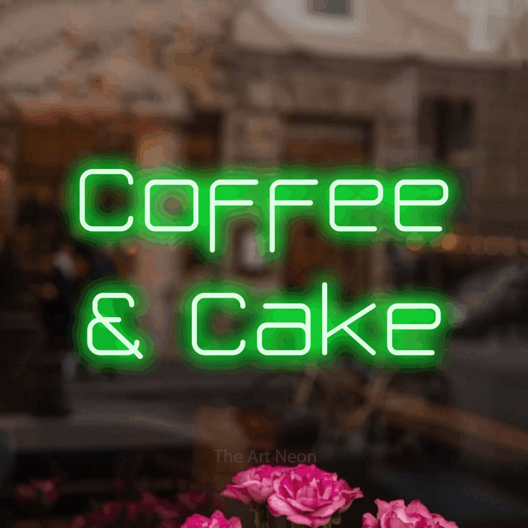 LED neon sign reading “Coffee & Cake”, arranged in 2 lines.