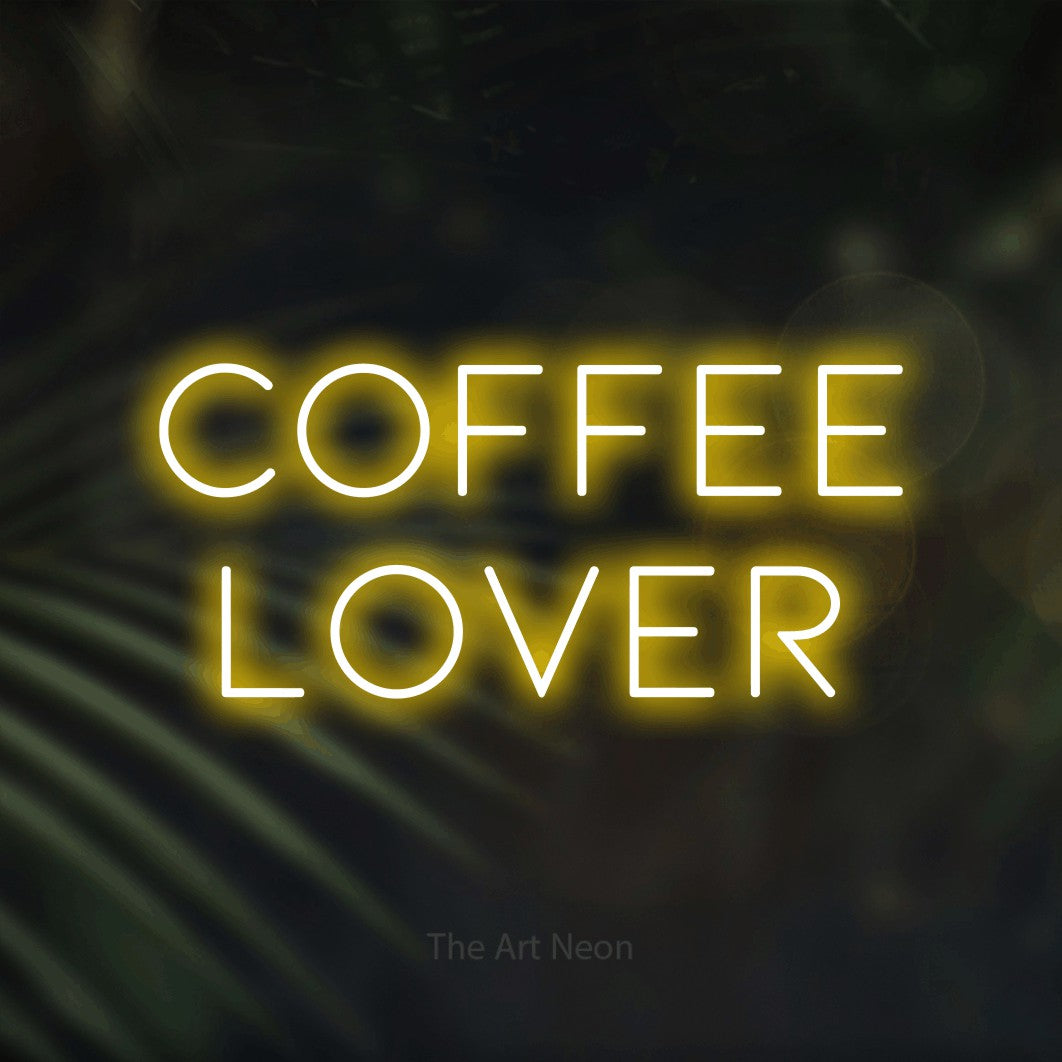 LED neon sign reading “Coffee lover”, arranged in 2 lines.