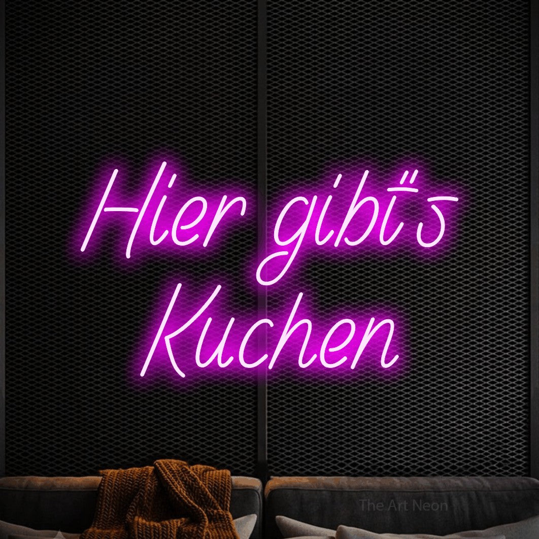 LED neon sign reading “Hier gibt's Kuchen”, arranged in 2 lines.