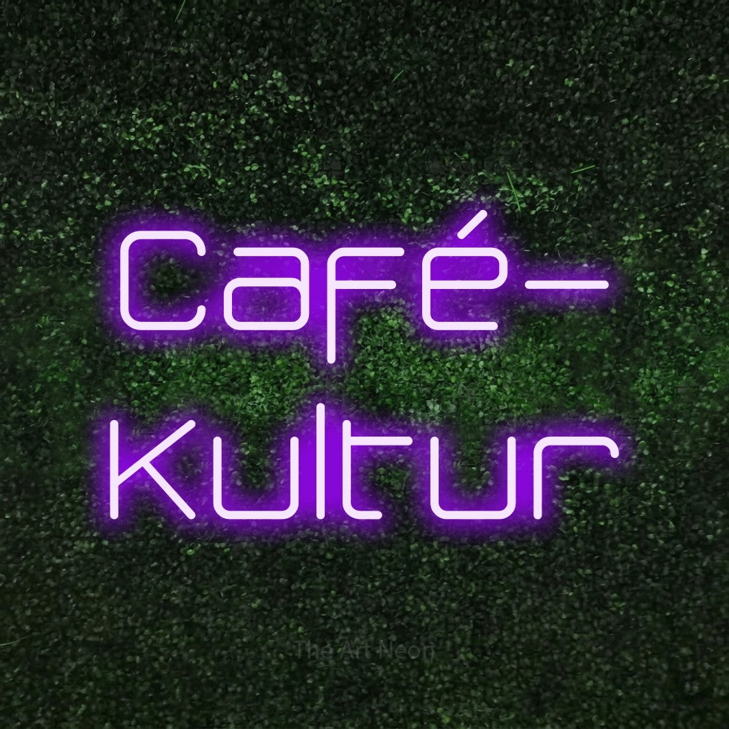 LED neon sign reading “Café- Kultur”, arranged in 2 lines.