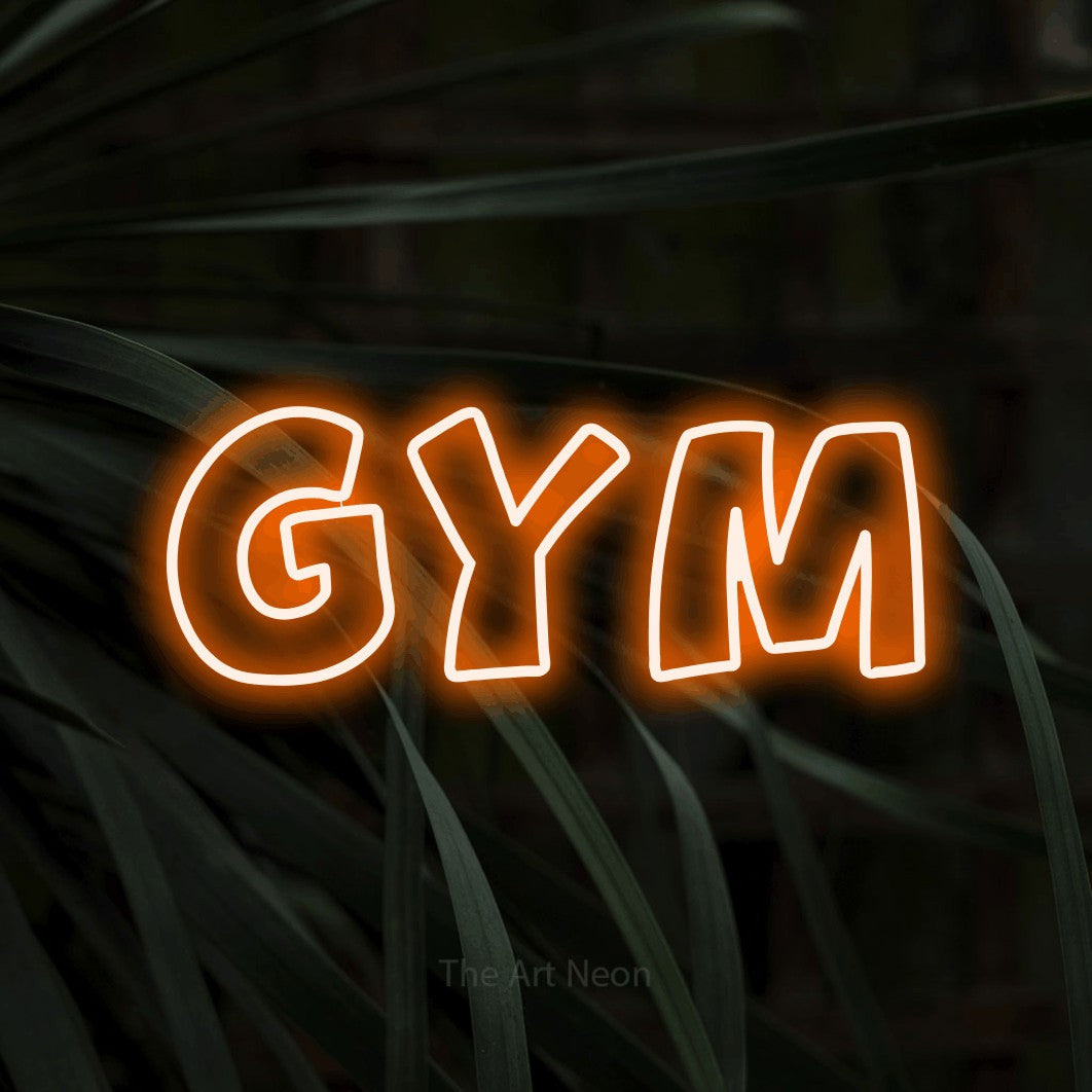 LED neon sign reading “GYM”, arranged in a single line.