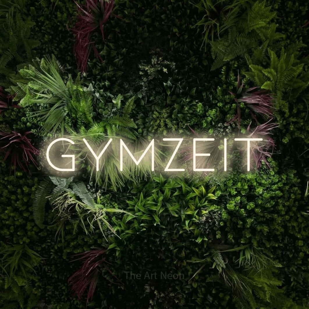 LED neon sign reading “Gymzeit”, arranged in a single line.