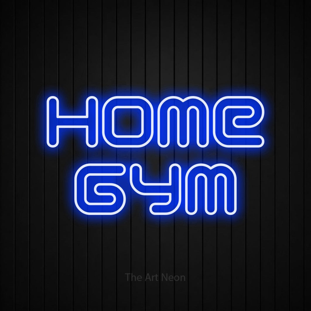 LED neon sign reading “Home Gym”, arranged in 2 lines.