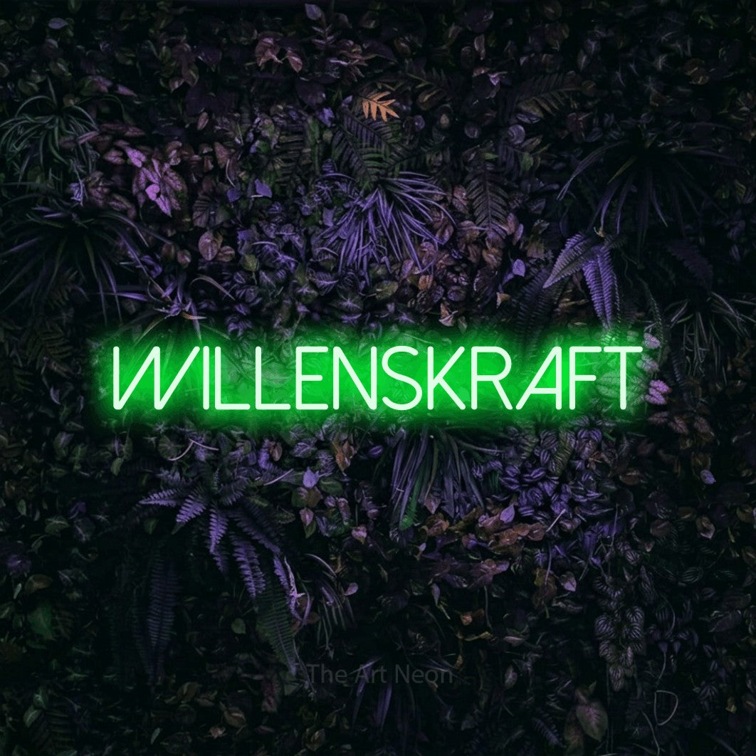 LED neon sign reading “willenskraft”, arranged in a single line.