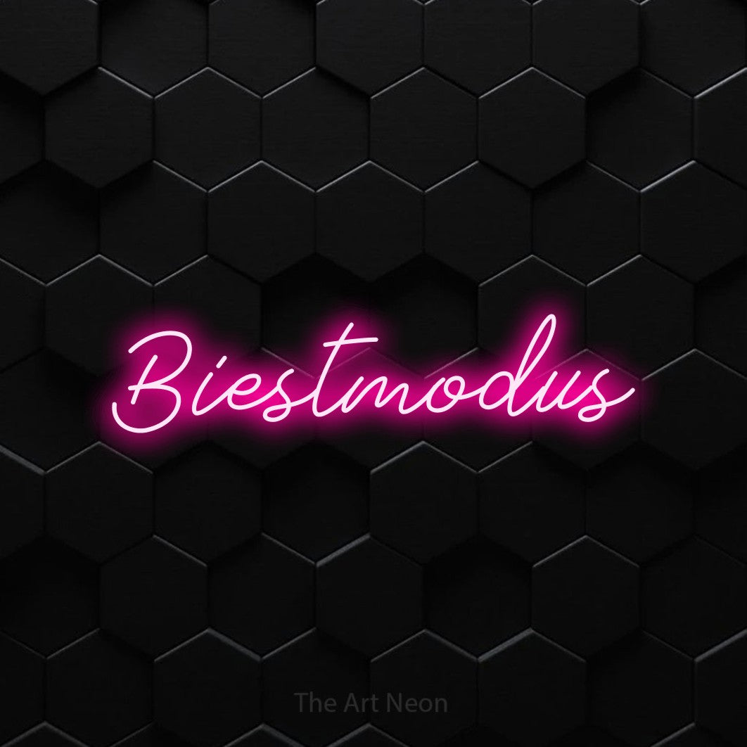 LED neon sign reading “Biestmodus”, arranged in a single line.