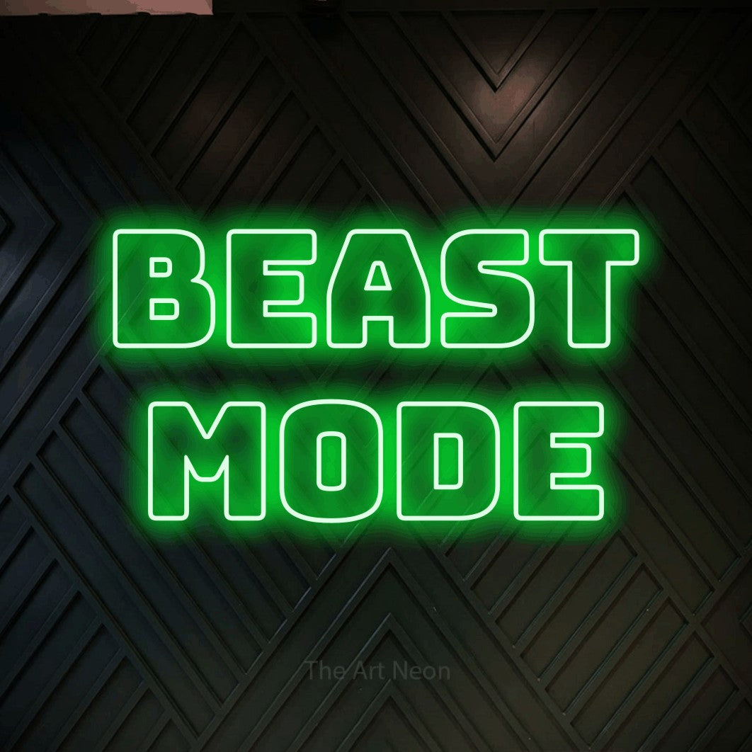 LED neon sign reading “beast mode”, arranged in 2 lines.