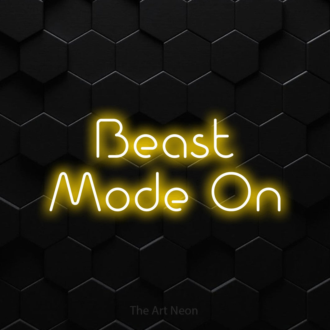 LED neon sign reading “Beast Mode On”, arranged in 2 lines.