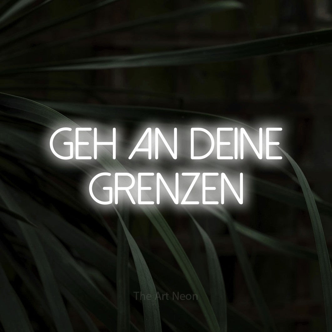 LED neon sign reading “Geh an deine Grenzen”, arranged in 2 lines.