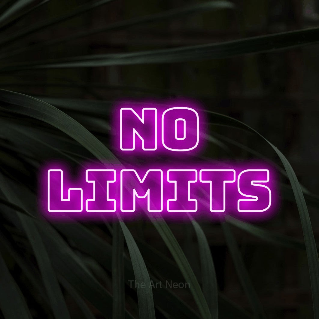 LED neon sign reading “No Limits”, arranged in 2 lines.