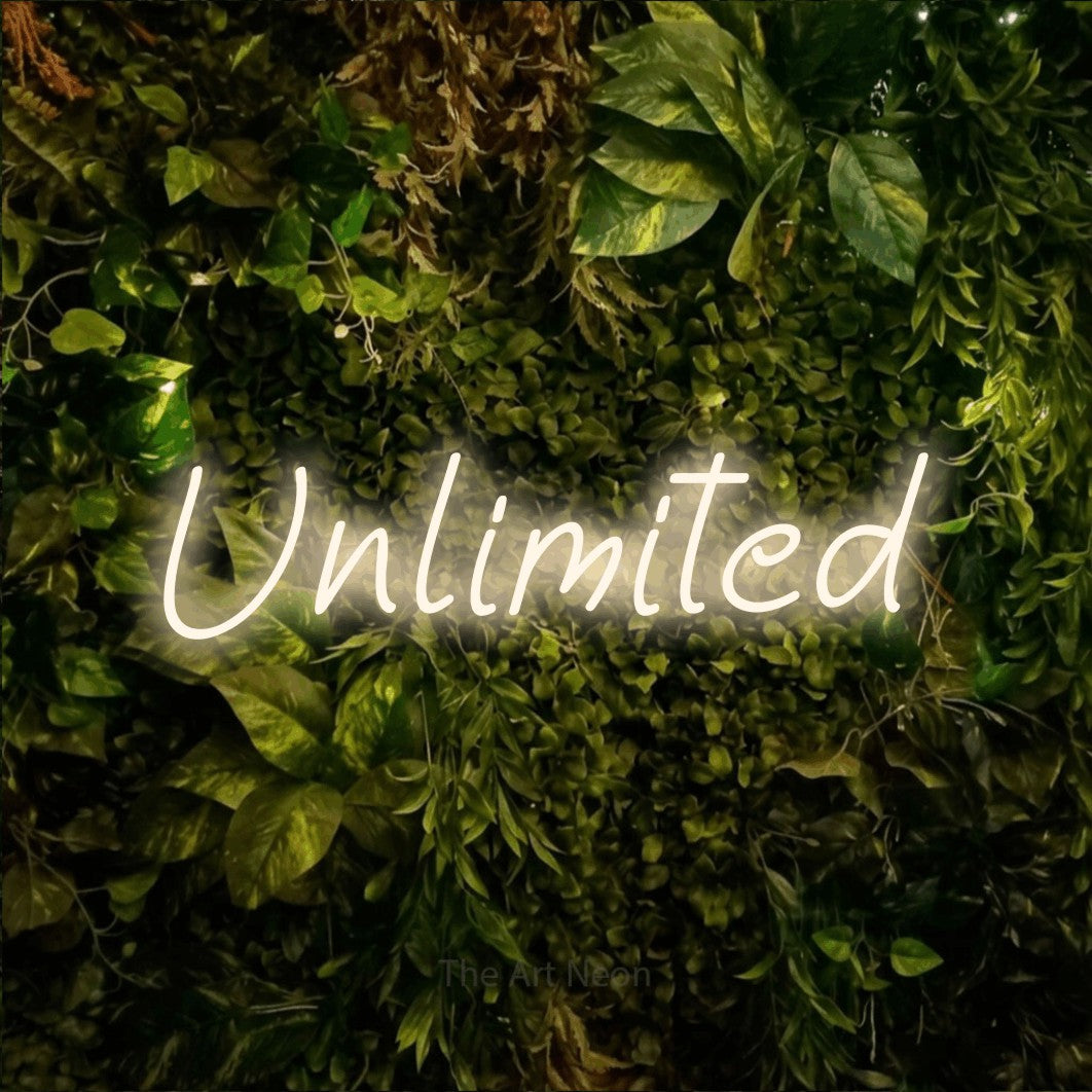 LED neon sign reading “Unlimited”, arranged in a single line.