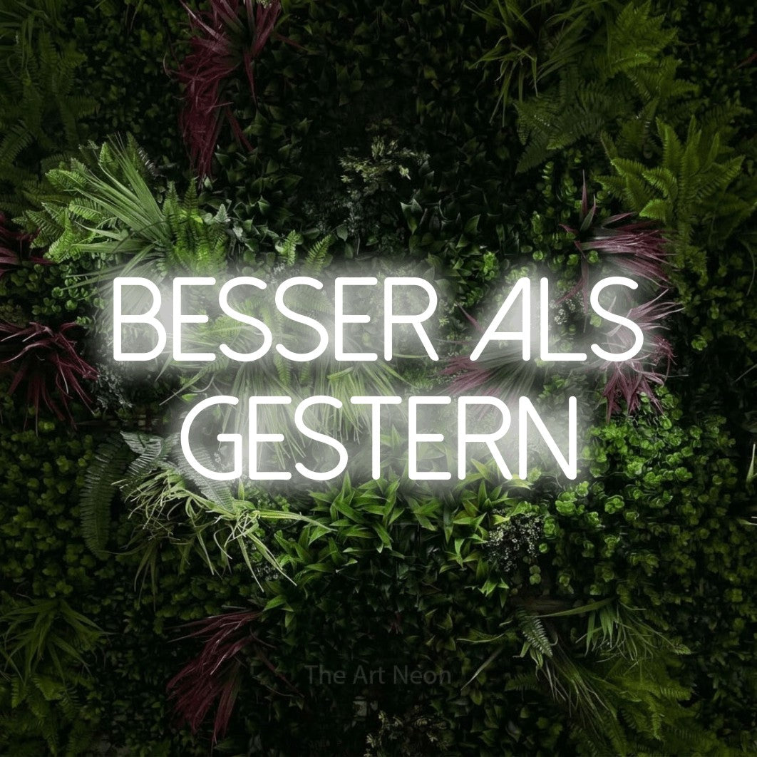 LED neon sign reading “BESSER ALS GESTERN”, arranged in 2 lines.