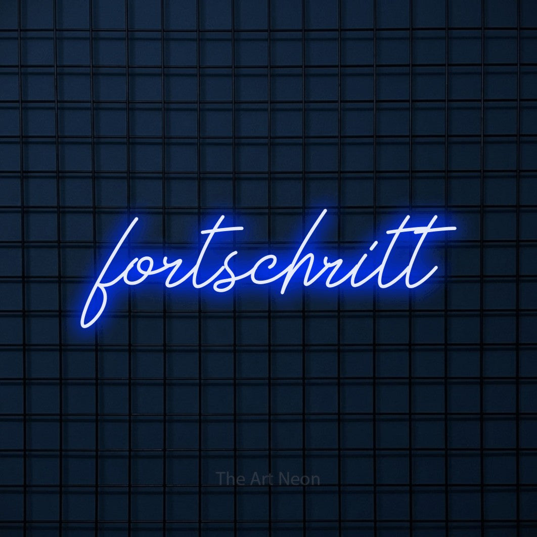 LED neon sign reading “fortschritt”, arranged in a single line.