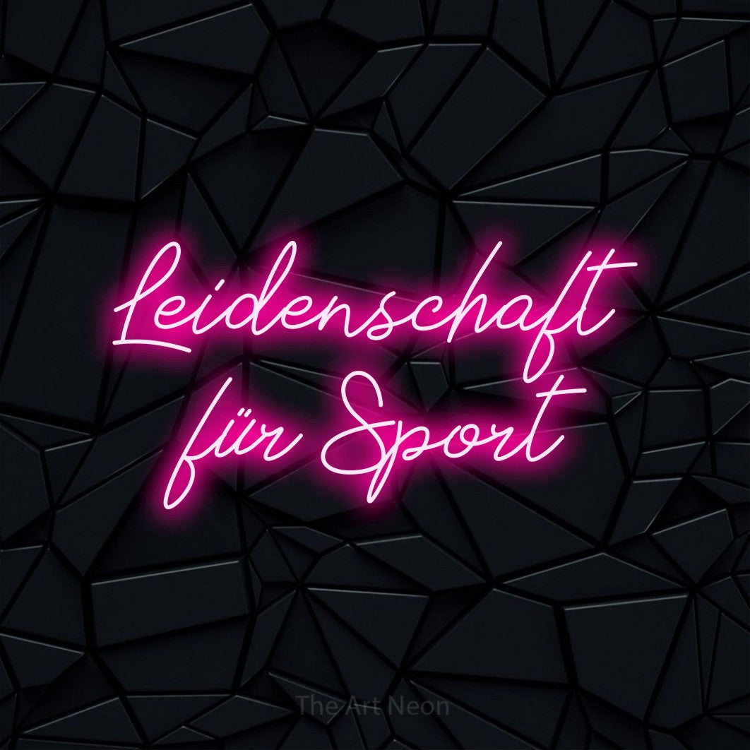LED neon sign reading “Leidenschaft für Sport”, arranged in 2 lines.