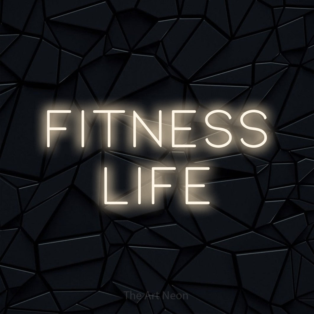 LED neon sign reading “fitness life”, arranged in 2 lines.
