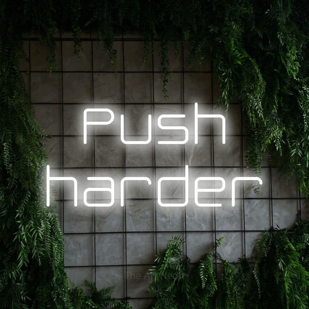 LED neon sign reading “Push harder”, arranged in 2 lines.