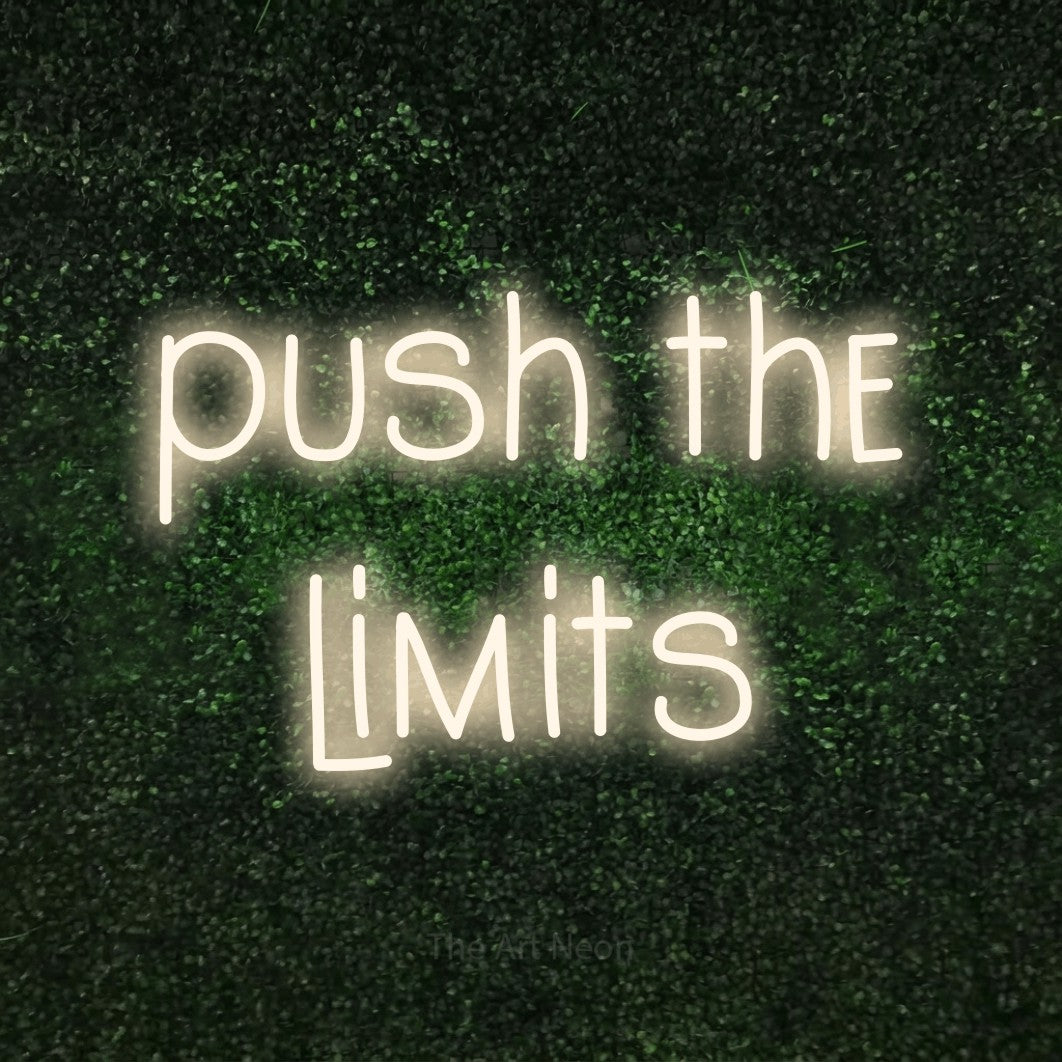 LED neon sign reading “push the limits”, arranged in 2 lines.