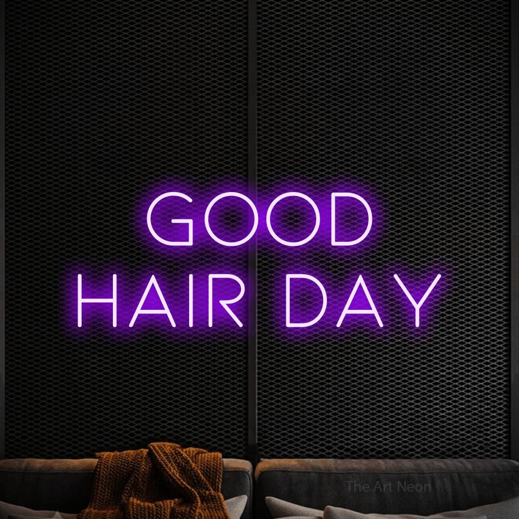 LED neon sign reading “GOOD HAIR DAY”, arranged in 2 lines.