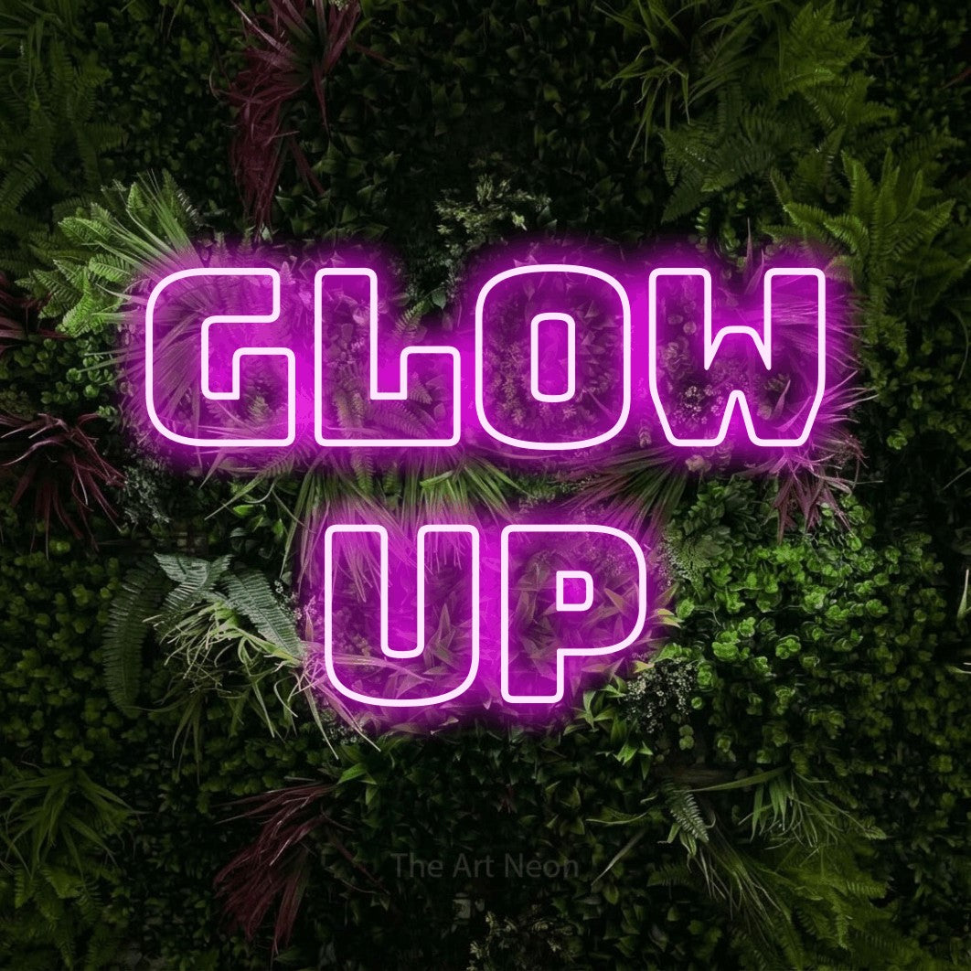 LED neon sign reading “glow up”, arranged in 2 lines.