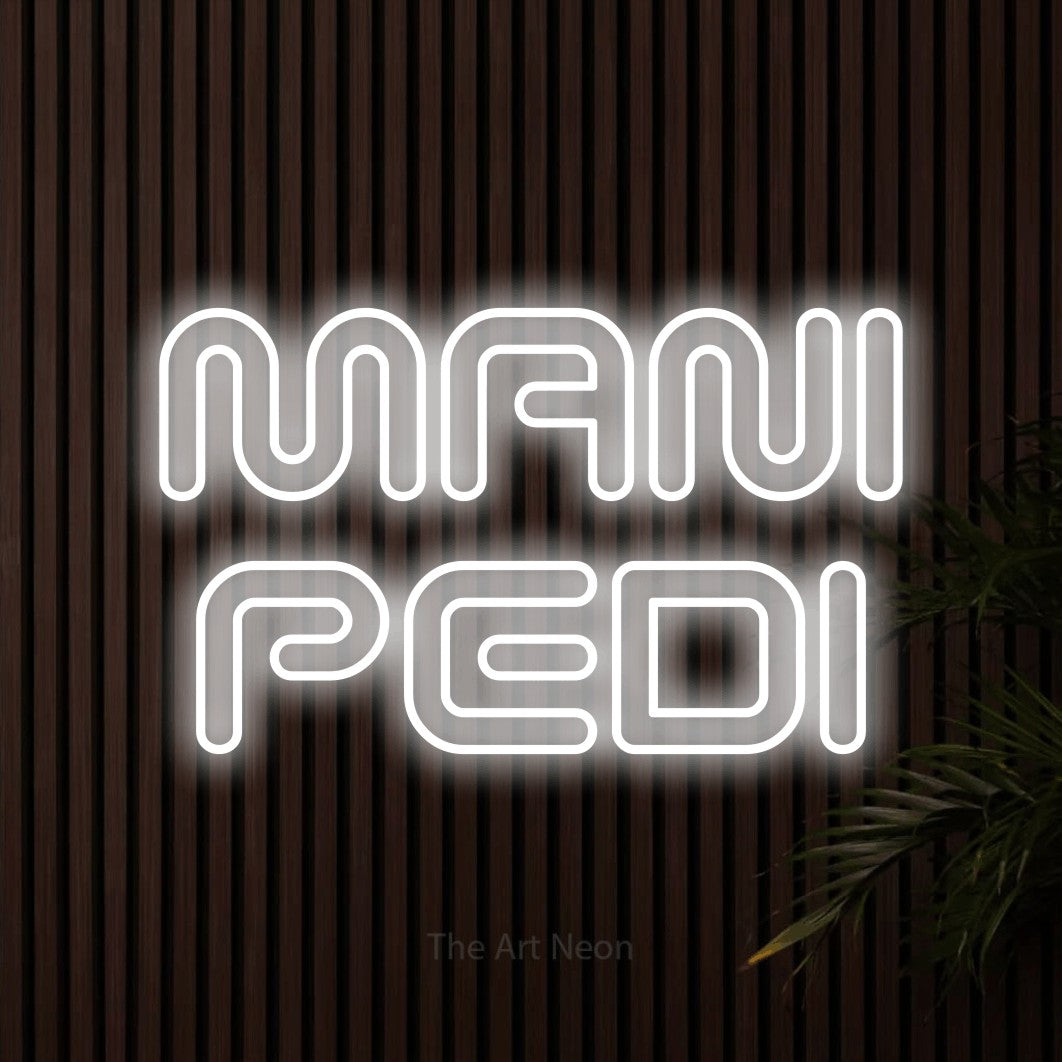 LED neon sign reading “MANI PEDI”, arranged in 2 lines.
