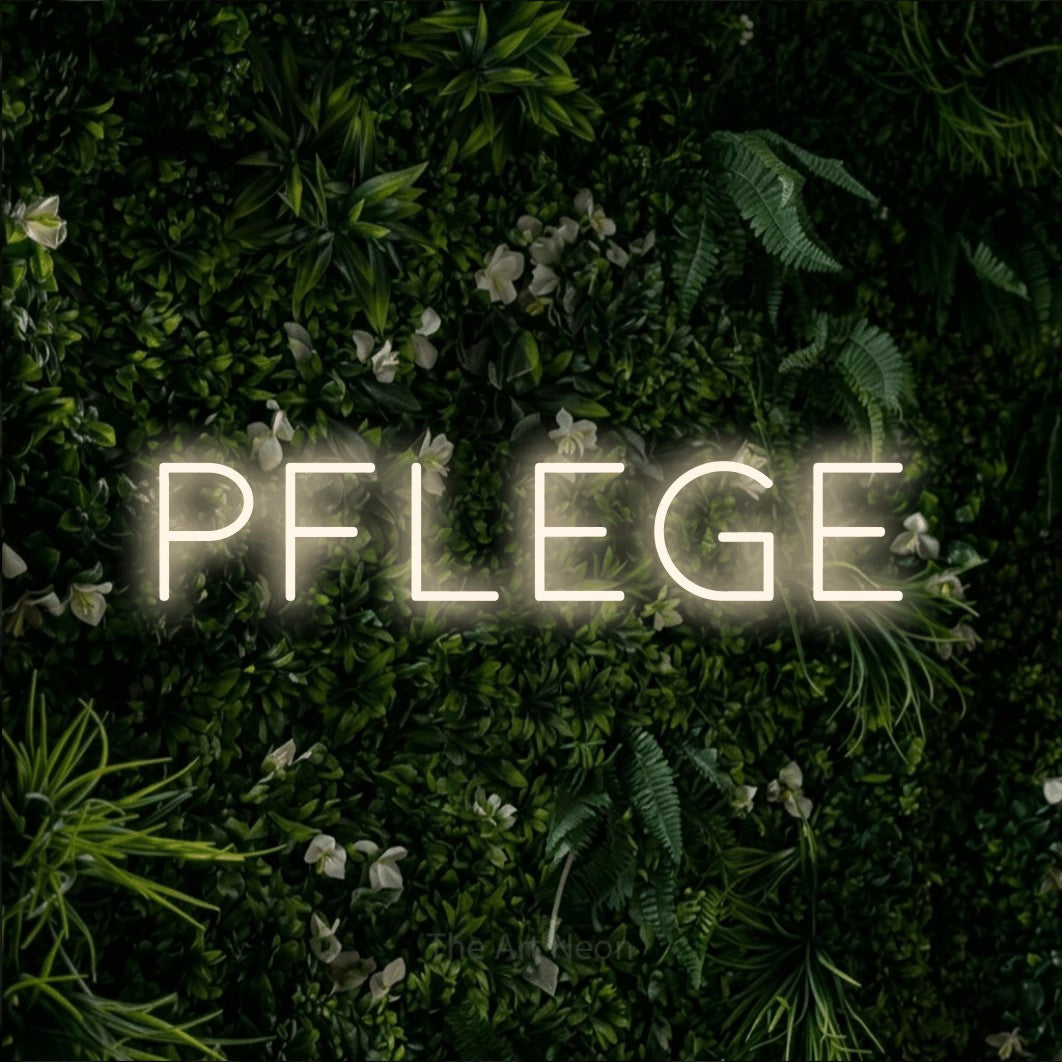 LED neon sign reading “pflege”, arranged in a single line.
