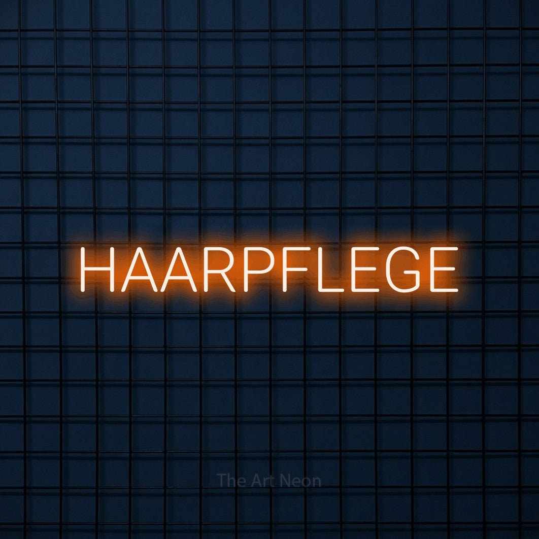 LED neon sign reading “HAARPFLEGE”, arranged in a single line.