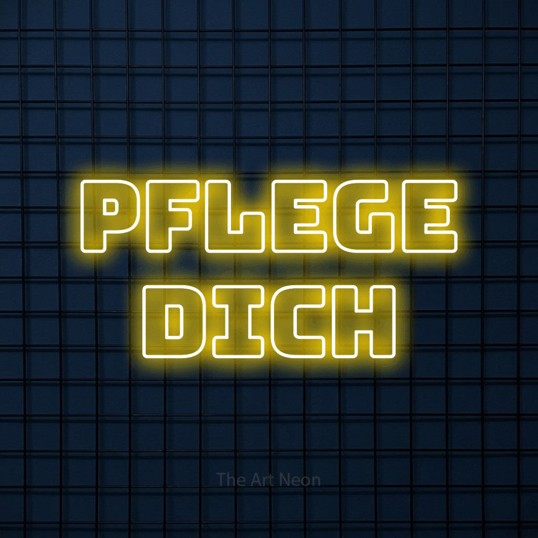 LED neon sign reading “Pflege dich”, arranged in 2 lines.