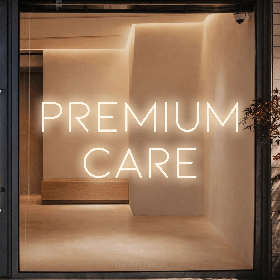 LED neon sign reading “Premium Care”, arranged in 2 lines.