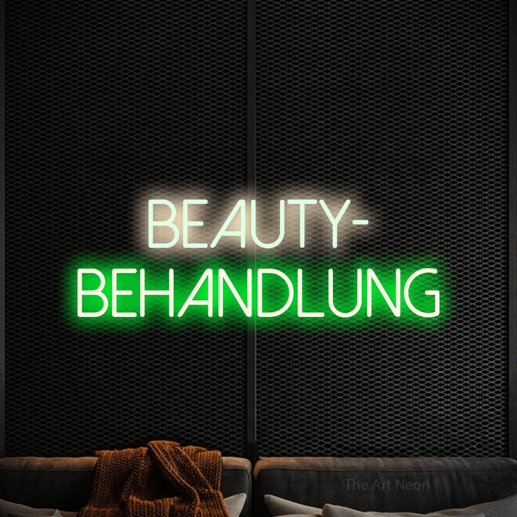 LED neon sign reading “Beauty- Behandlung”, arranged in 2 lines.