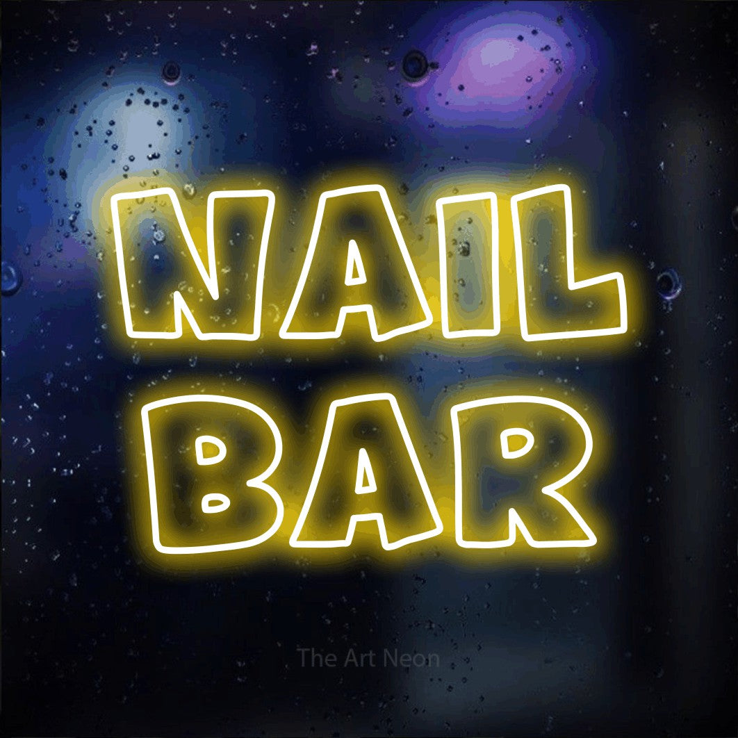 LED neon sign reading “nail bar”, arranged in 2 lines.