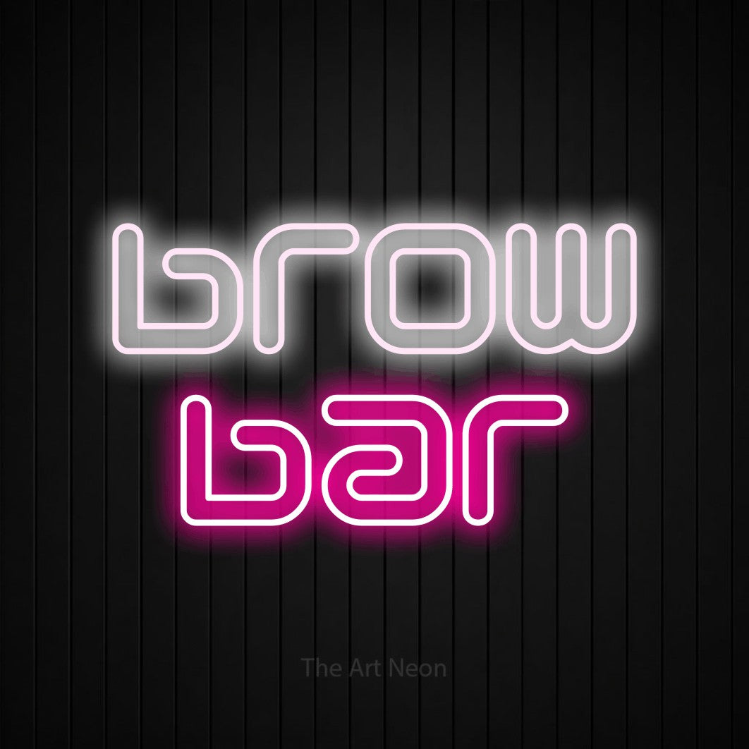 LED neon sign reading “brow bar”, arranged in 2 lines.