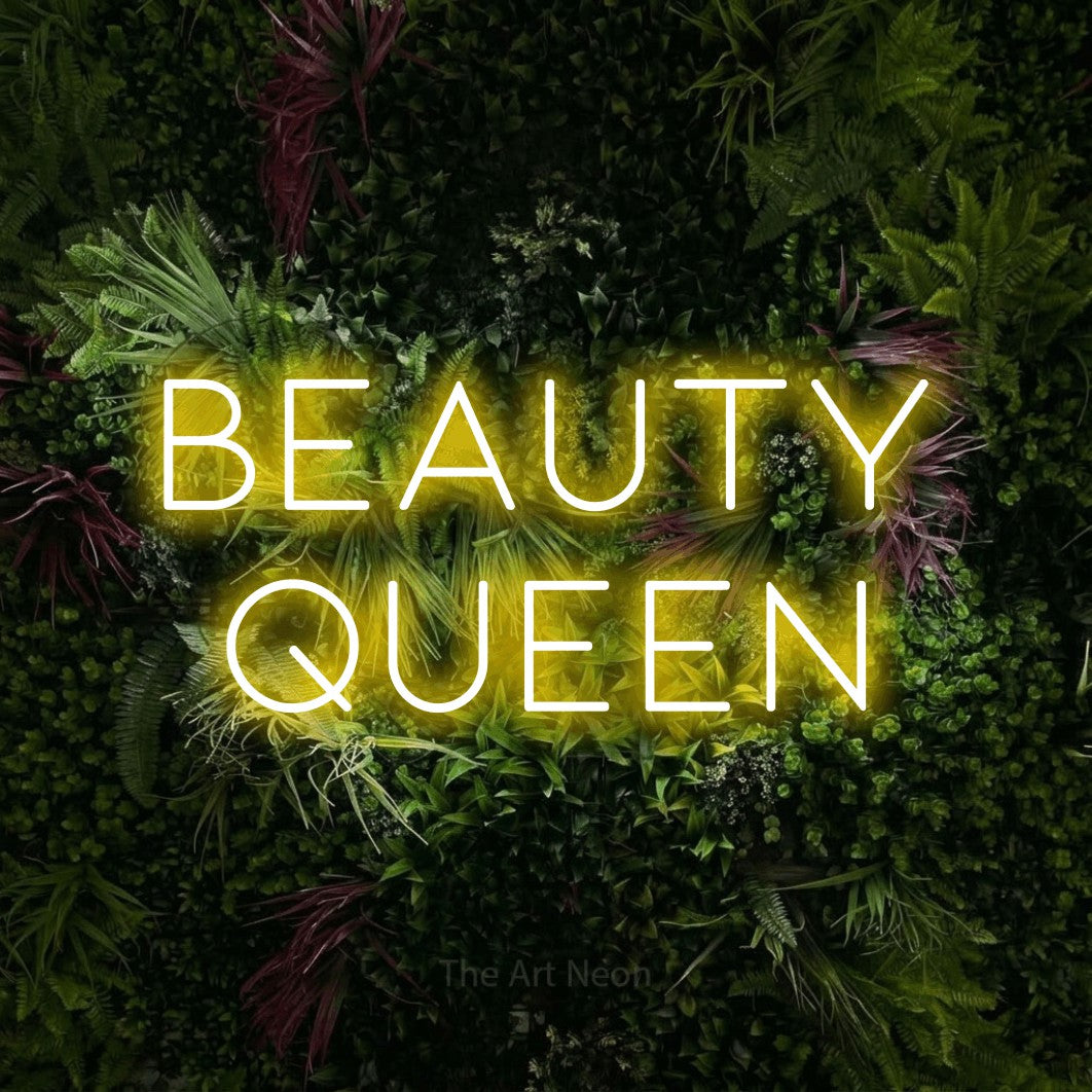 LED neon sign reading “Beauty Queen”, arranged in 2 lines.
