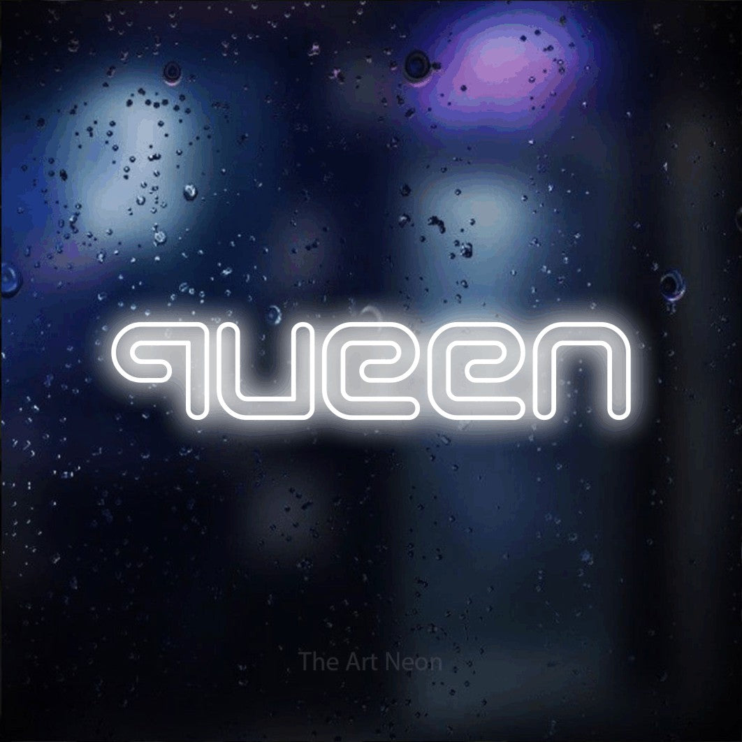 LED neon sign reading “queen”, arranged in a single line.
