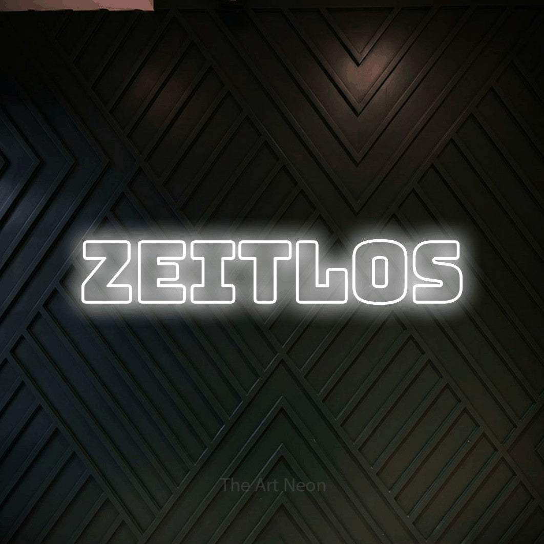 LED neon sign reading “Zeitlos”, arranged in a single line.