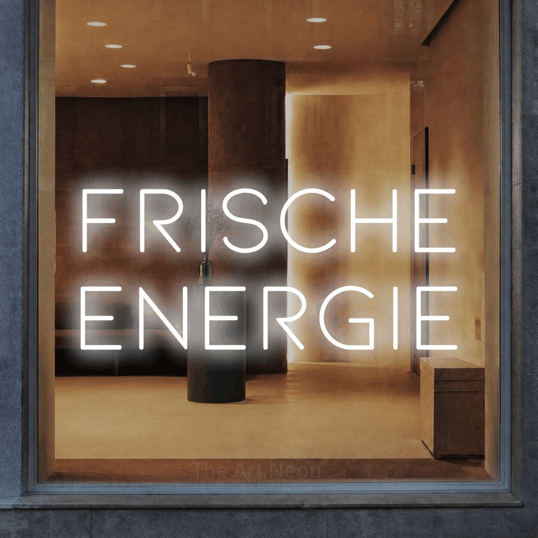 LED neon sign reading “FRISCHE energie”, arranged in 2 lines.