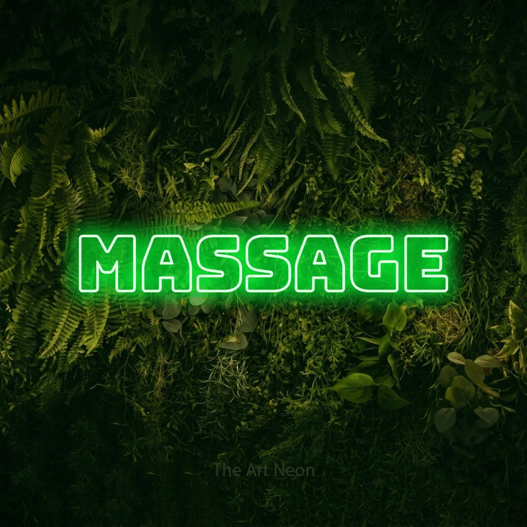 LED neon sign reading “massage”, arranged in a single line.