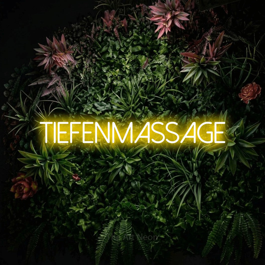 LED neon sign reading “Tiefenmassage”, arranged in a single line.