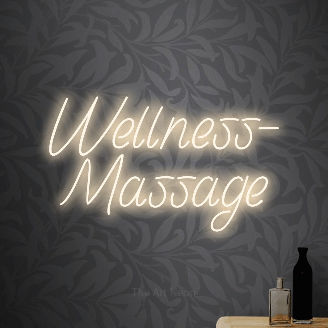 LED neon sign reading “Wellness- Massage”, arranged in 2 lines.