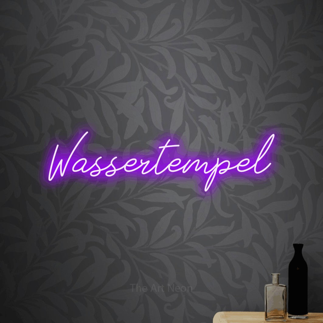 LED neon sign reading “Wassertempel”, arranged in a single line.
